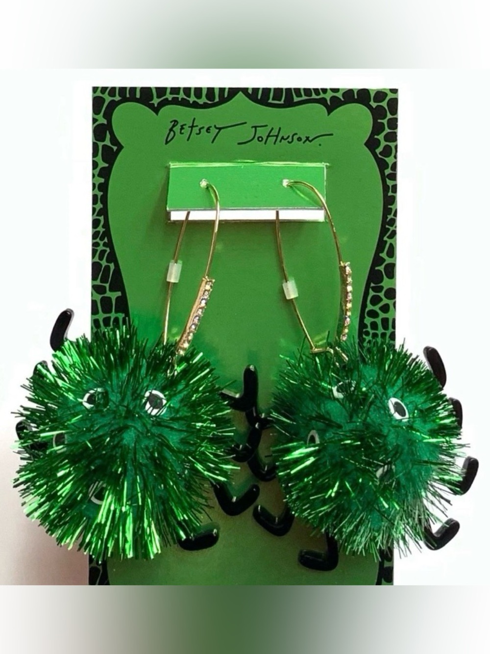 New Betsey Johnson Green Pom-Pom Spider Drop Earrings with Gold Crystal Hooks - Picture 5 of 5